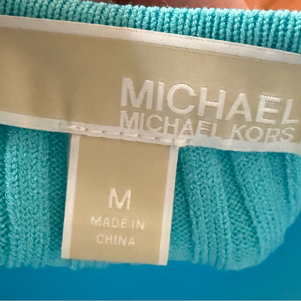 Michael Kors Ribbed Stretch Knit Midi Dress – Turquoise (With MK Chain Belt) - Picture 8 of 8